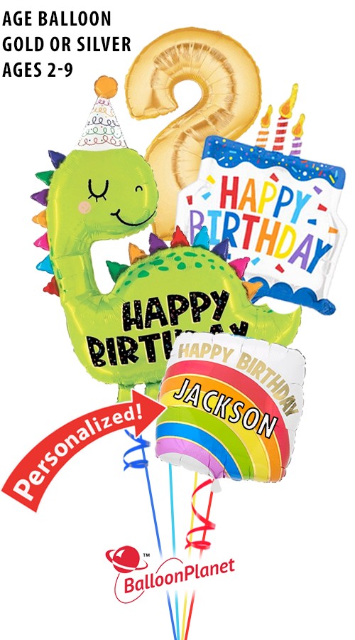 Custom Name & Age 2-9 Dinosaur & Cake Kid's Birthday Bouquet (4 Balloons)