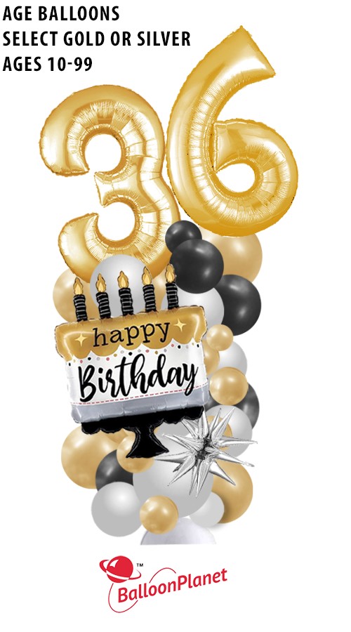 Silver Gold Black 7ft Balloon Gift Column 2-Digits & Cake
