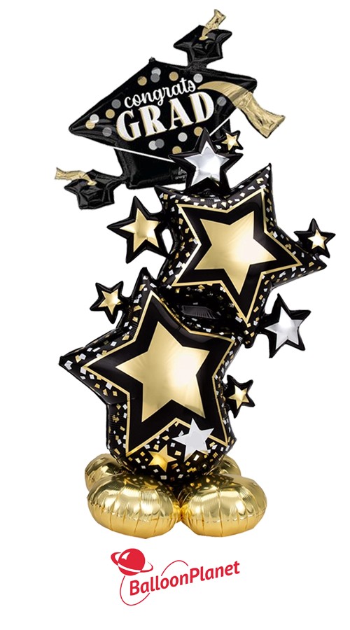 AirLoonz Gold & Black Stars With Jumbo Grad Cap (2 Balloons)