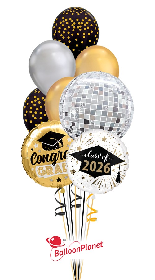 Classy Grad Mirror Confetti Bouquet (10 Balloons)