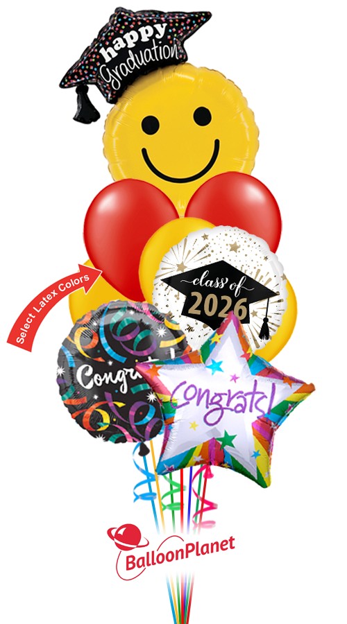 Choose School Colors Smiley Cap Bouquet (10 Balloons)