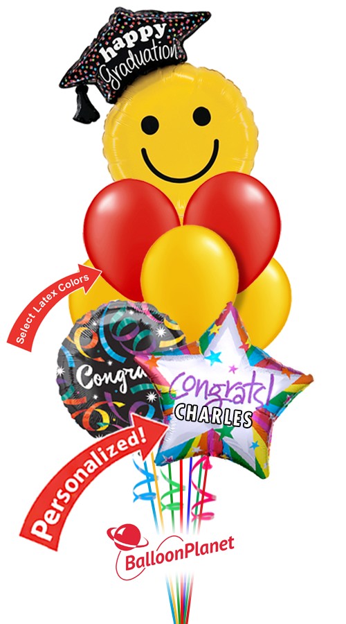 Custom Colors & Name Smiley Cap Bouquet (9 Balloons)