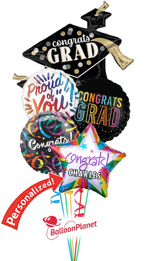 Custom Name Colorful Grad Bouquet (5 Balloons)