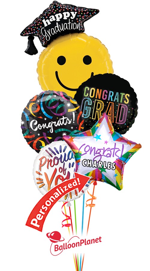 Custom Name Smiley Cap Bouquet (5 Balloons)