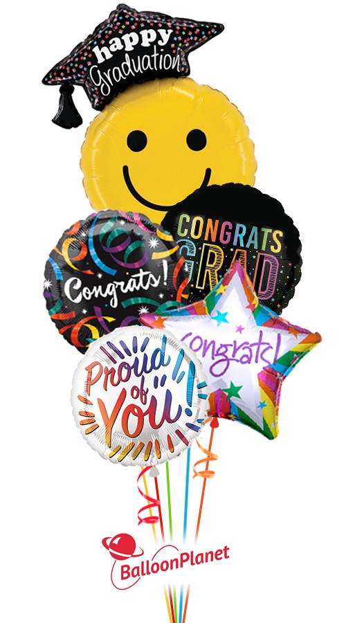 Smiley Cap Colorful Grad Bouquet (5 Balloons)