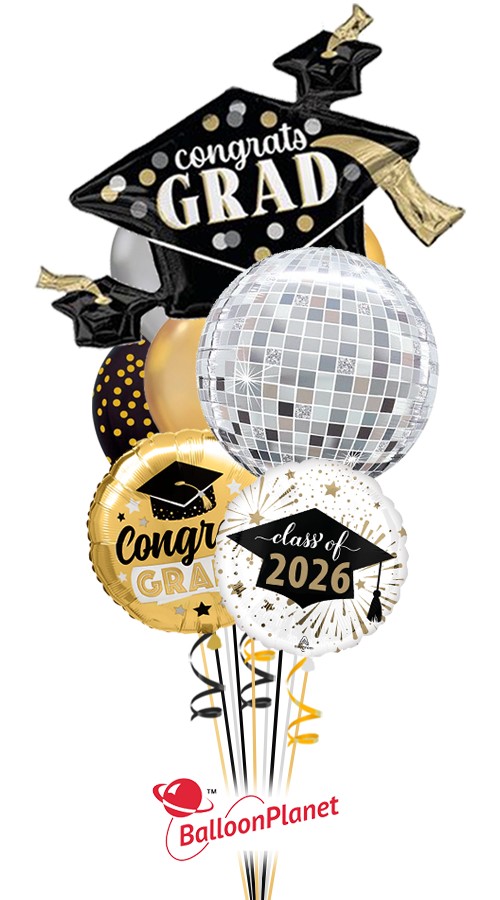Cap and Mirror Ball Grad Balloon Bouquet (10 Balloons)