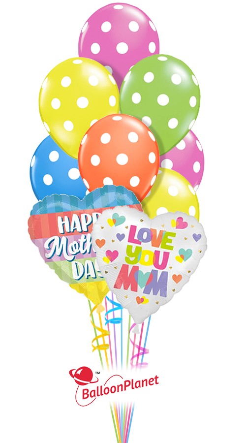 Neon Polka Dots Love Mom Stripes Bouquet (12 Balloons)