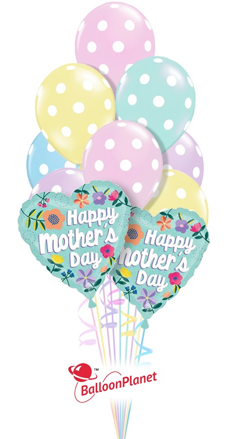 Pastel Dots & Floral Hearts Mother's Day Bouquet (12 Balloons)