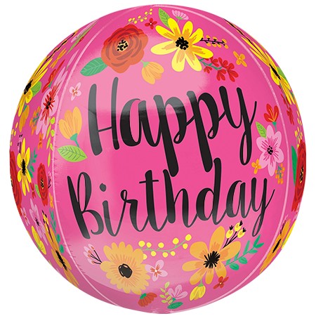 16in Orbz Happy Birthday Pink Floral Balloon
