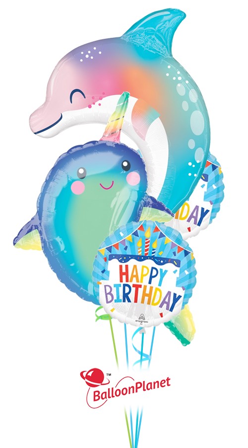 Narwhal Ocean Pals Birthday Cake Bouquet (4 Balloons)