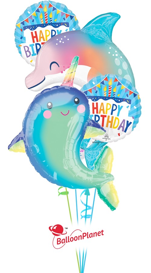Narwhal Dolphin Ocean Pals Birthday Bouquet (4 Balloons)