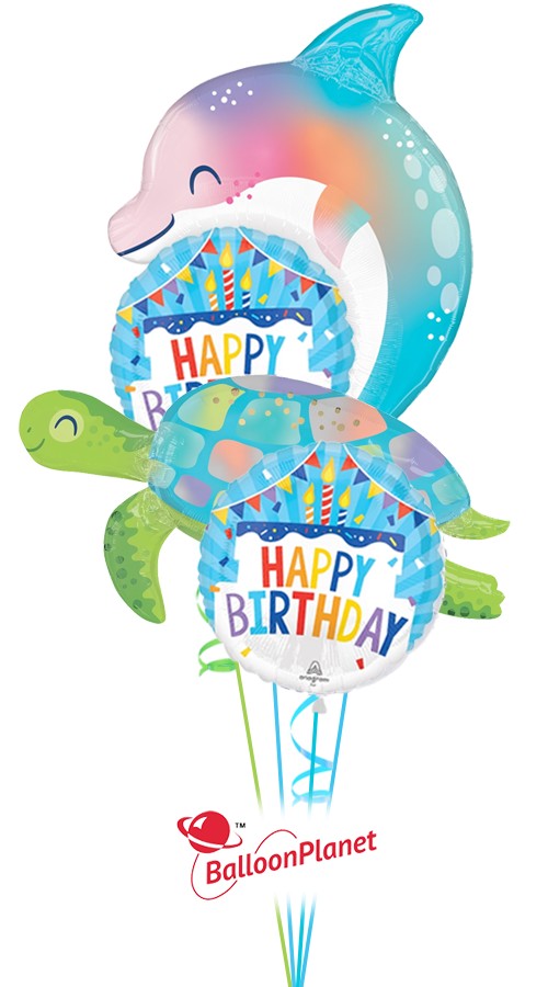 Ocean Pals Dolphin Turtle Birthday Cake Bouquet (4 Balloons)