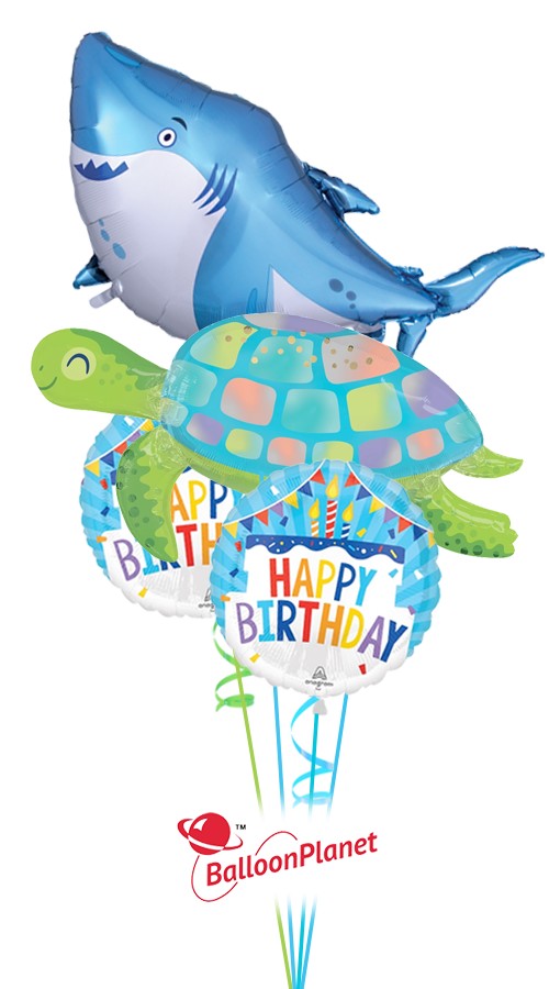 Ocean Pals Shark Turtle Birthday Cake Bouquet (4 Balloons)