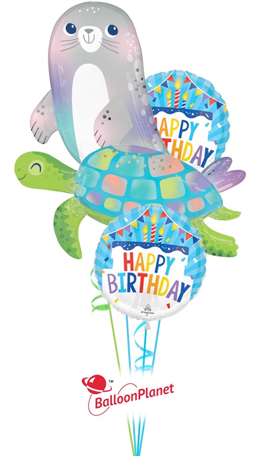 Ocean Pals Seal Turtle Birthday Cake Bouquet (4 Balloons)