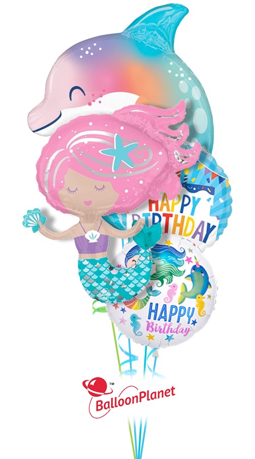 Ocean Pals Mermaid Dolphin Birthday Cake Bouquet (4 Balloons)