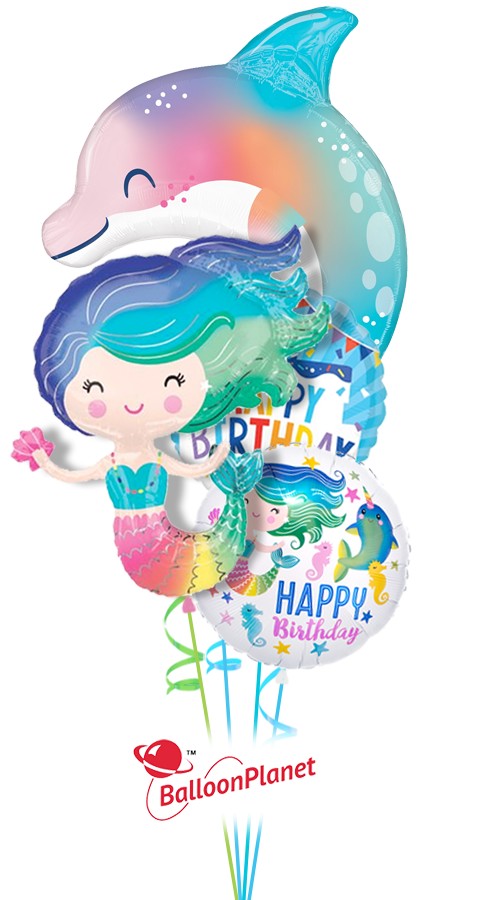Ocean Pals Rainbow Mermaid Dolphin Birthday Cake Bouquet (4 Balloons)