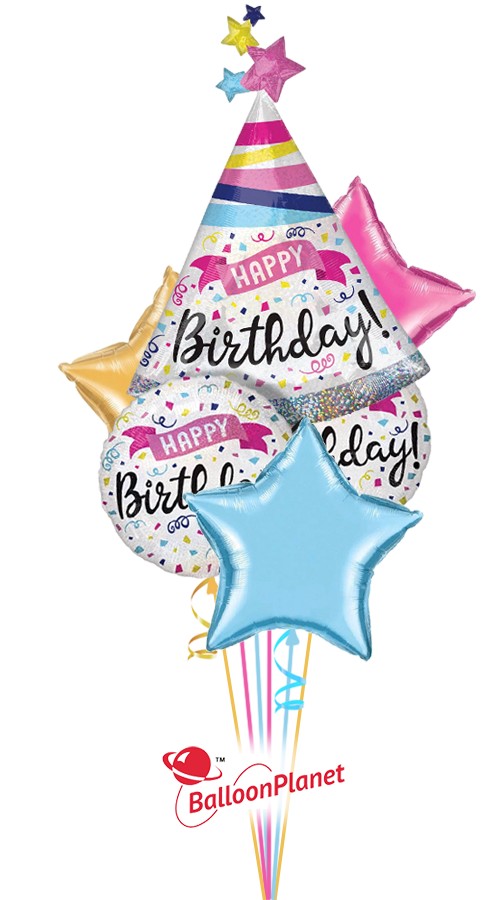 Sparkle Party Hat Elegant Banners Bouquet (6 Balloons)