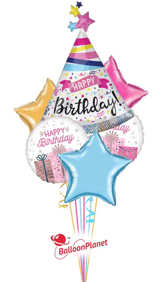 Sparkle Party Hat Birthday Gifts Bouquet (6 Balloons)