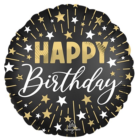 Black, Gold, Silver Birthday Stars 18in Mylar Balloon